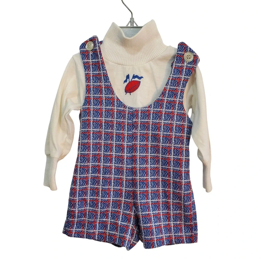Healthtex Vintage 70s Boys Plaid Romper & Football Applique Turtleneck Top 6-12M